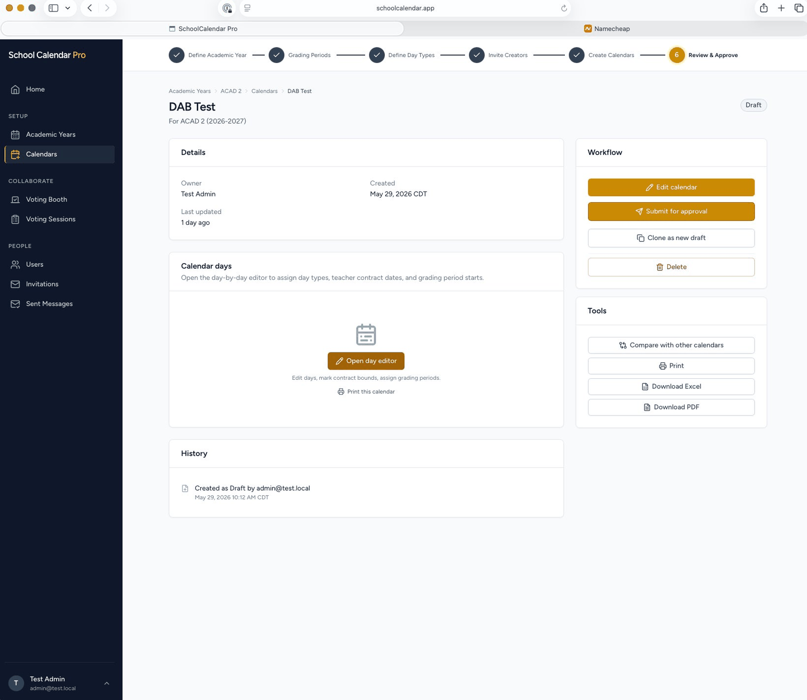 A calendar's detail page showing the workflow panel with Edit, Submit, Clone, and Delete actions, plus a Tools panel with Compare, Print, Excel, and PDF export options