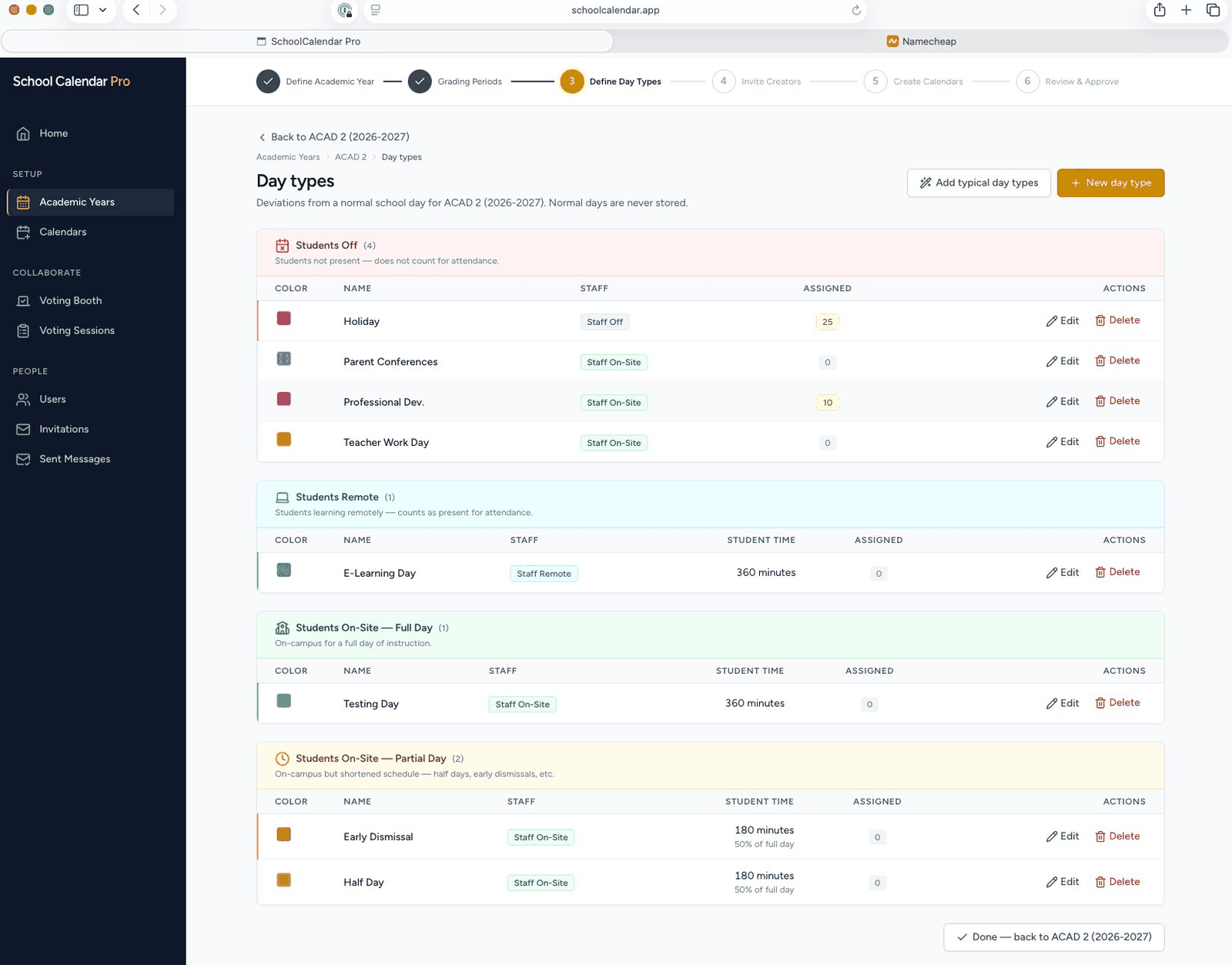 The Day Types configuration screen showing four categories: Students Off (holidays, conferences), Students Remote (e-learning), Students On-Site Full Day (testing), and Students On-Site Partial Day (early dismissals, half days)