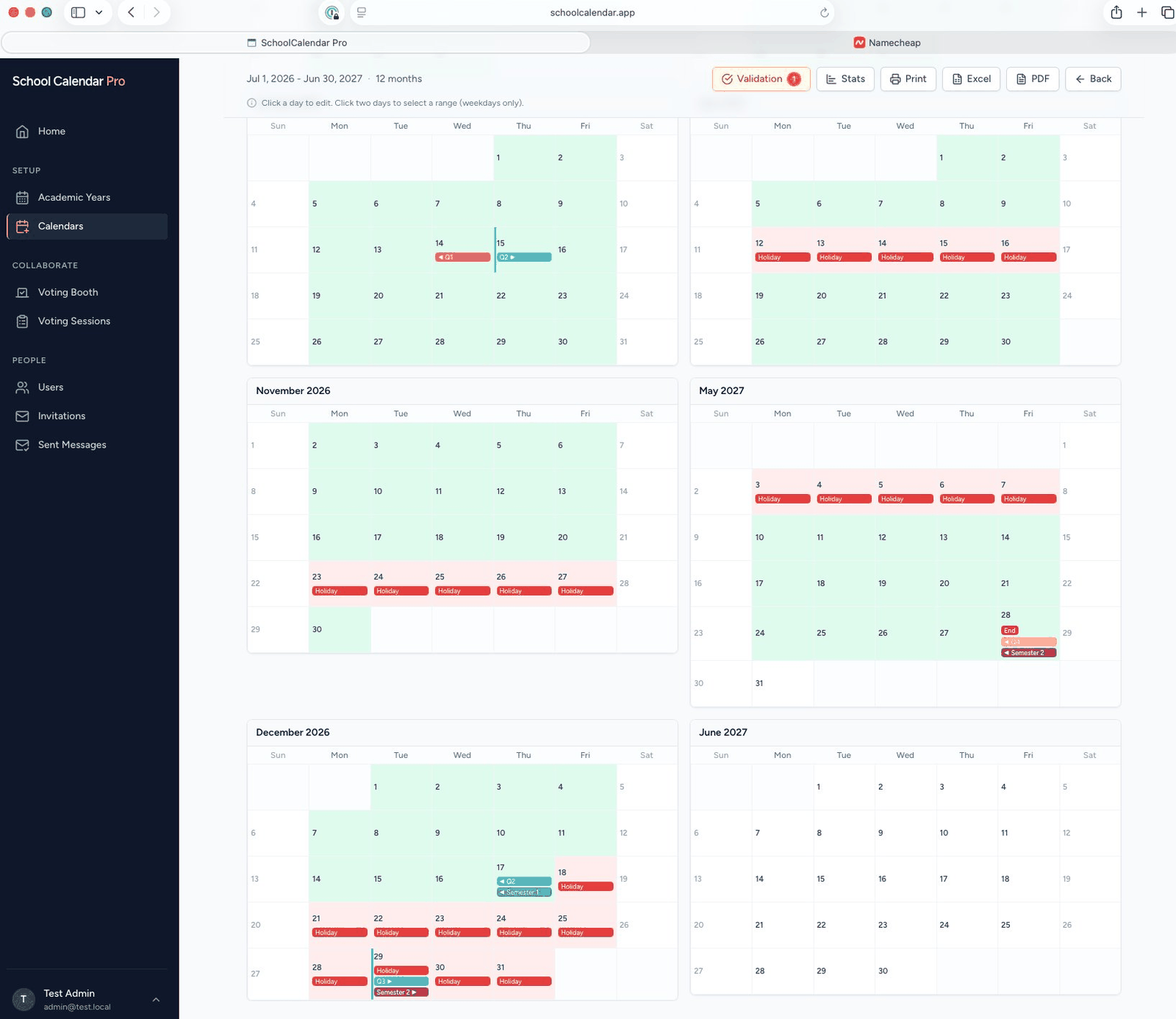 SchoolCalendar Pro day editor showing the academic year as a two-column parallel-month grid with holidays in red, school days in green, and period boundaries marked inline