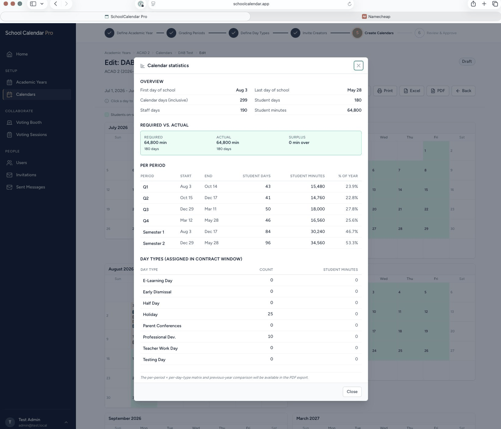 The Calendar Statistics dialog showing required vs. actual student minutes, per-period day and minute counts, and day-type assignment counts
